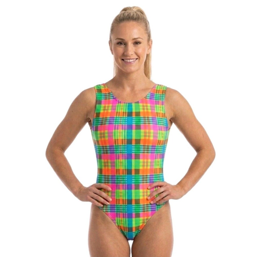 GK Elite VTG 90s Neon Plaid Tank Leotard Size AL Adult L Pink Blue Green